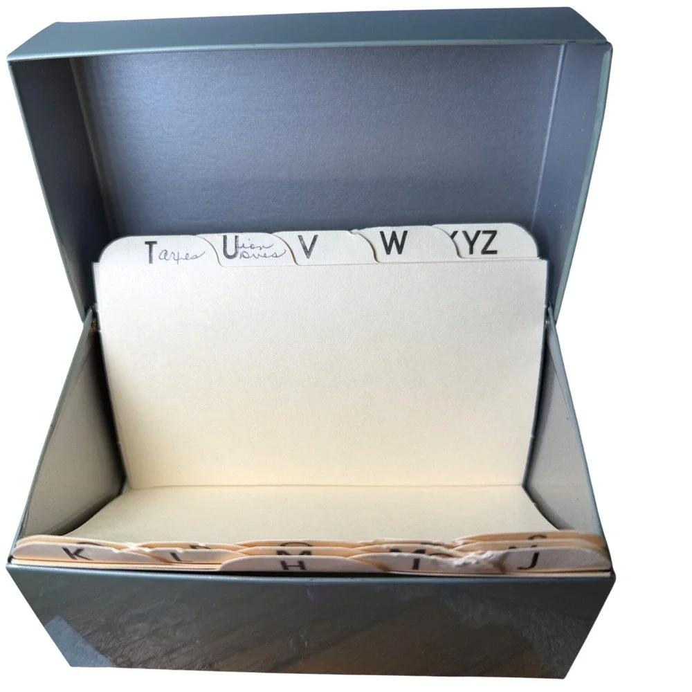 Vintage Syndicate Mfg Co Metal Index Card Box Sage Green with A-Z Dividers